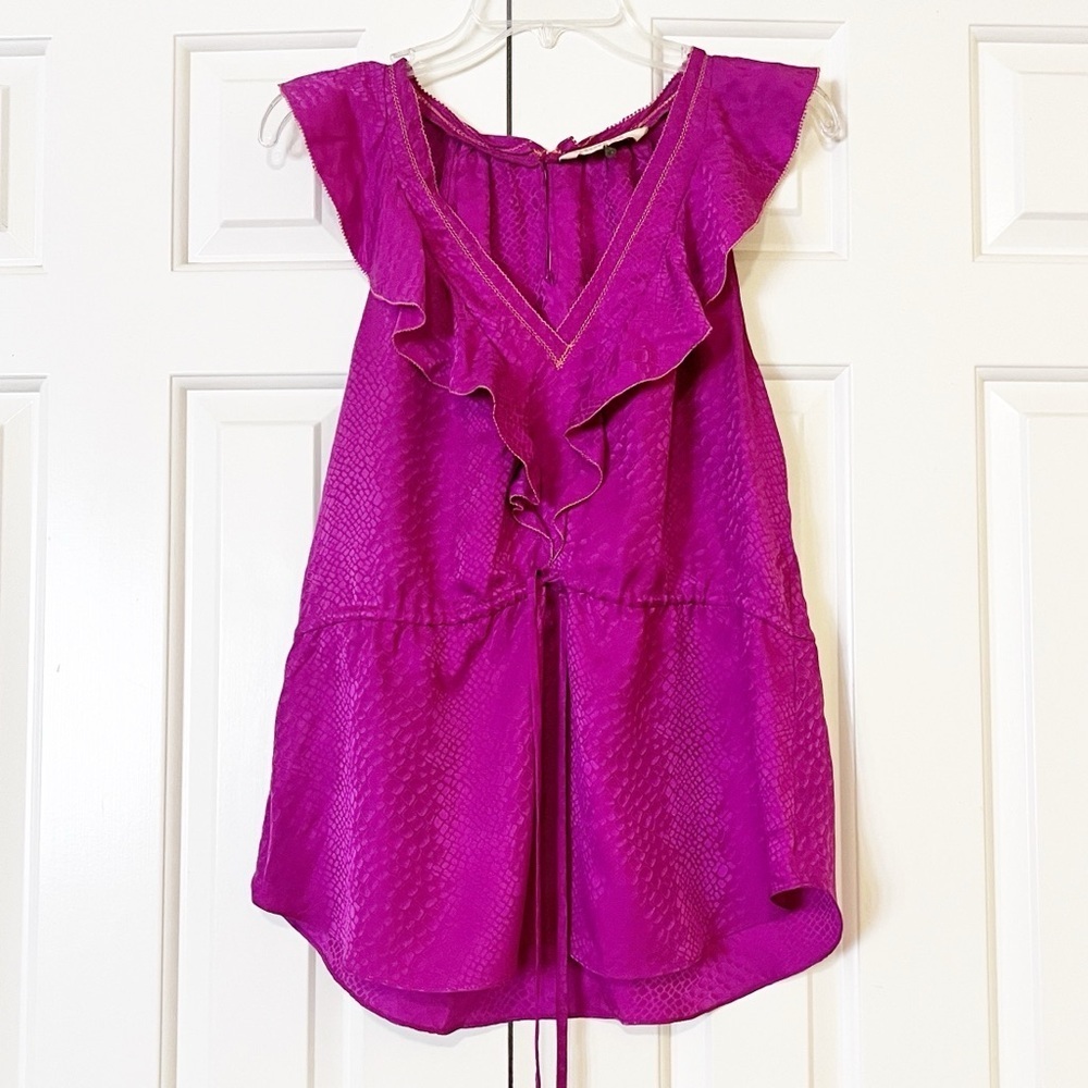Rebecca Taylor sleeveless v-neck 100% silk flounce blouse w/ waist tie. Size 10 - Picture 15 of 16